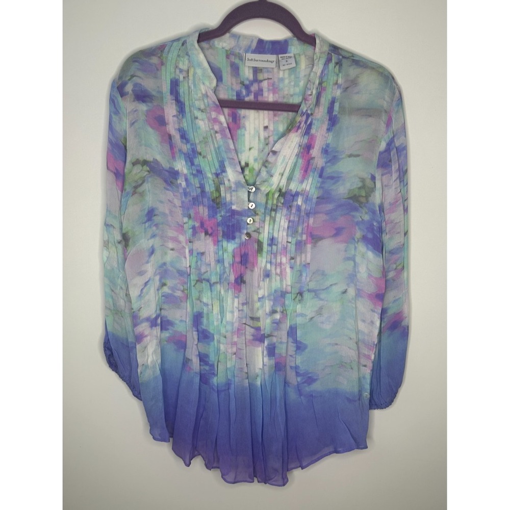 Soft Surroundings Sheer Watercolor Floral Ombre Pintuck Tunic Top Small *Flaw - Picture 11 of 13